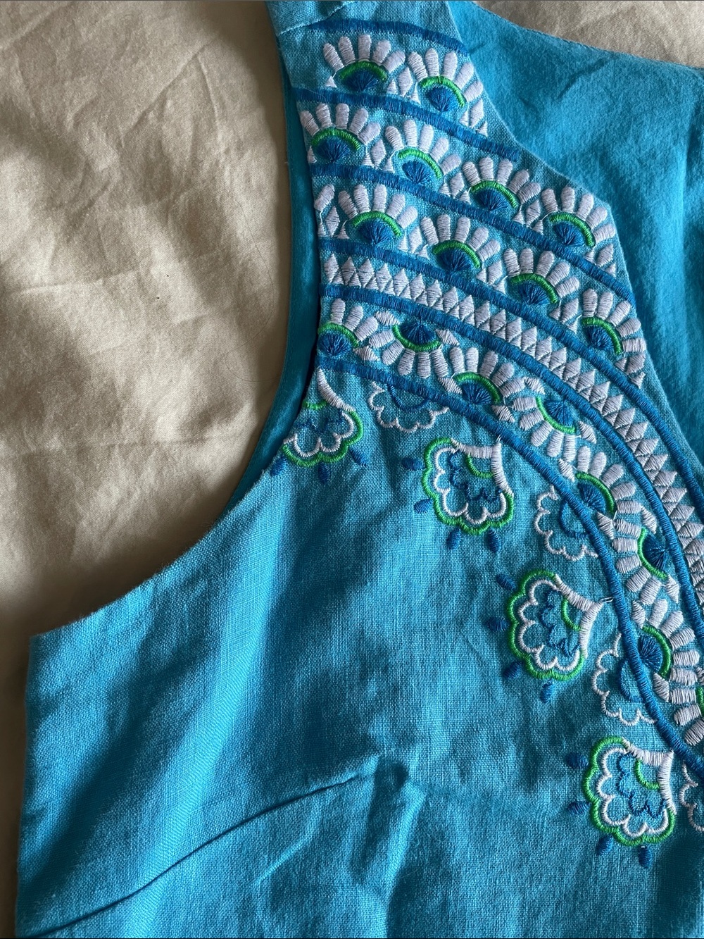 M-L  Cozy Turquoise Sleeveless Embroidered V-Neck Mini Dress - Picture 3 of 10